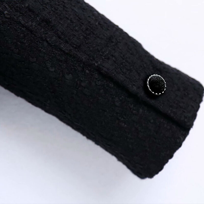 ผู้หญิงฤดูใบไม้ร่วงใหม่แฟชั่นแถวหัวเข็มขัด Tweed Pilot Jacket Coat Vintage แขนยาวหญิง Outerwear Overshirt ขายส่งสีดำ