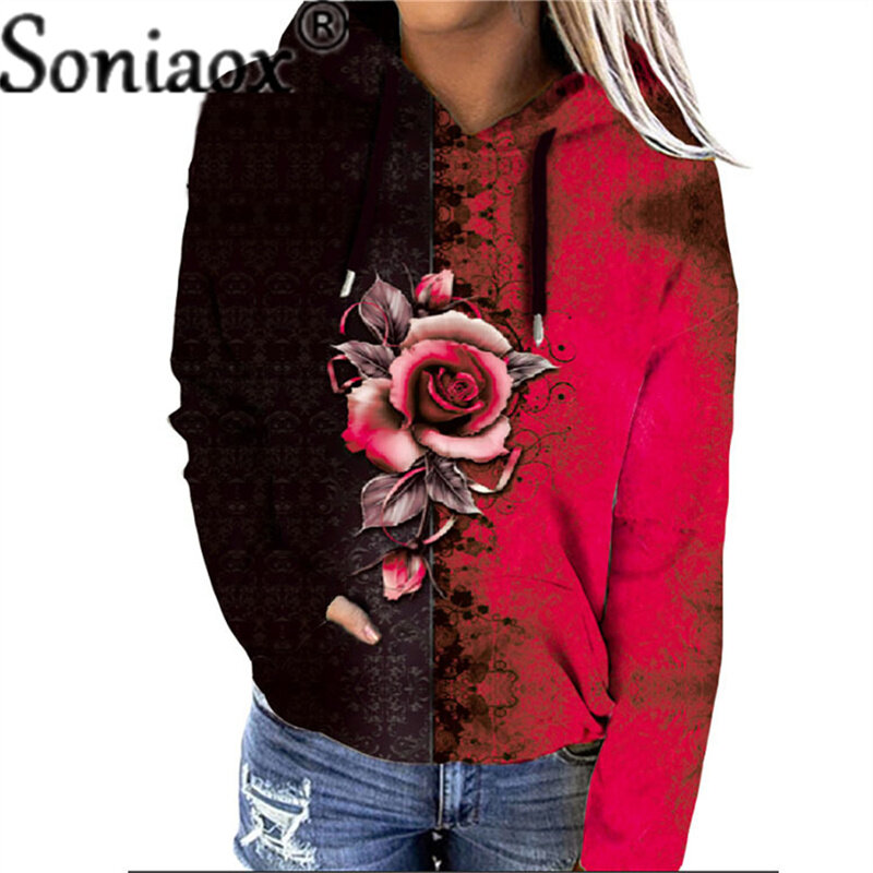 Sudaderas con capucha con estampado de rosa para mujer, sudaderas con capucha Harajuku, jerséis informales holgados de manga larga con bolsillo, otoño e invierno, 2021