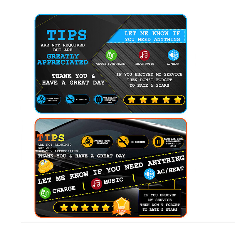 Uber Lyft-Affichage de carte PVC pour Mytaxi Cabify, panneaux de conducteur Rideshare, cinq étoiles, conseils d'évaluation appréciés, prise de voiture de taxi, 2 pièces