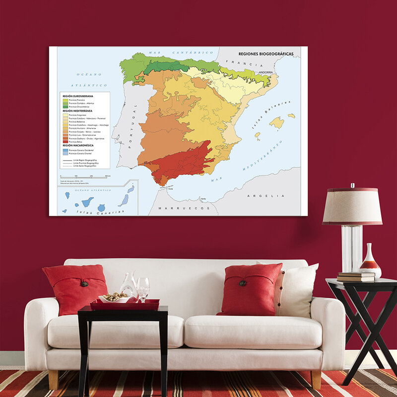 Peinture sur toile Non tissée 225x150cm, carte de répartition de la région espagnole (en espagnol), affiche murale d'art, décoration de la maison, fournitures scolaires