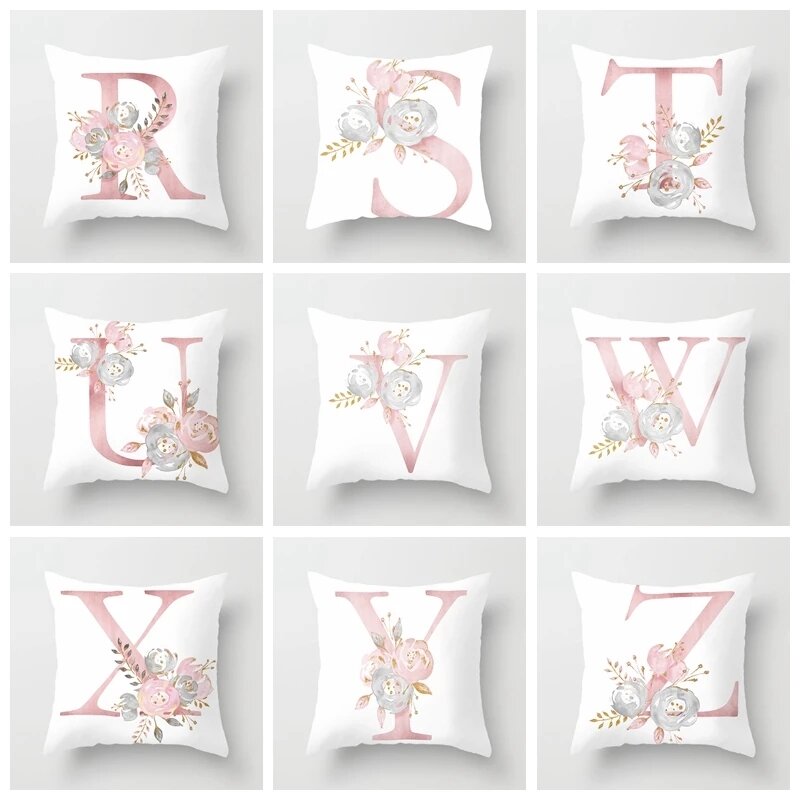 A/B/C-P Kids Room Decoration Letter Pillow Case English Alphabet Polyester Cushion Cover for Sofa Home Decor Flower Pillowcase
