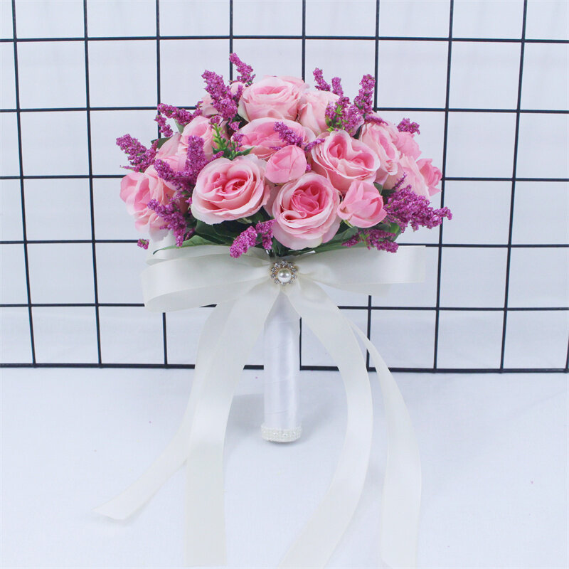 Buquê de flores artificiais para dama de honra, seda artificial rosa, para decoração do casamento