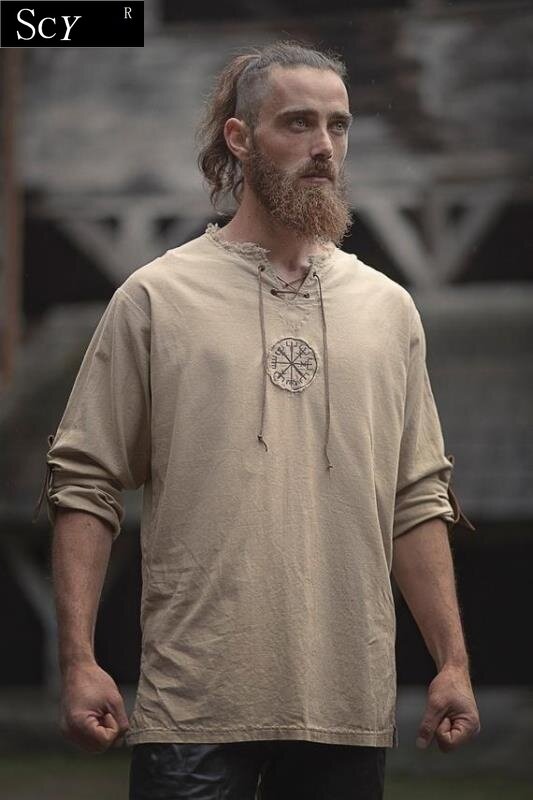 Camiseta de talla grande para hombre, camisa de manga larga con cuello de pico bordado vikingo antiguo, ropa para hombre