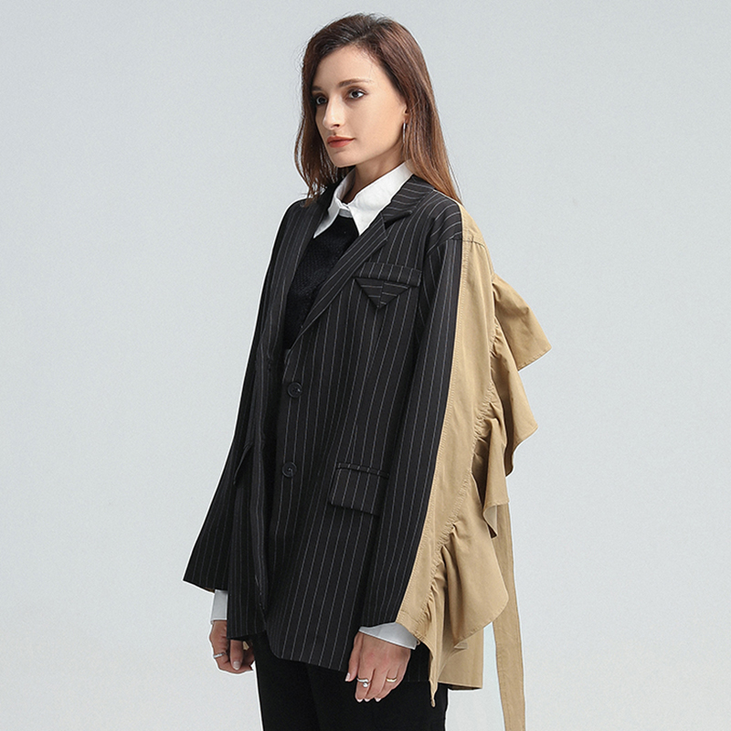 TWOTWINSTYLE Striped Patchwork Ruffle Blazer For Women Notched Long Sleeve With Sashes Casual Coat Female Fall New Stylish 2020