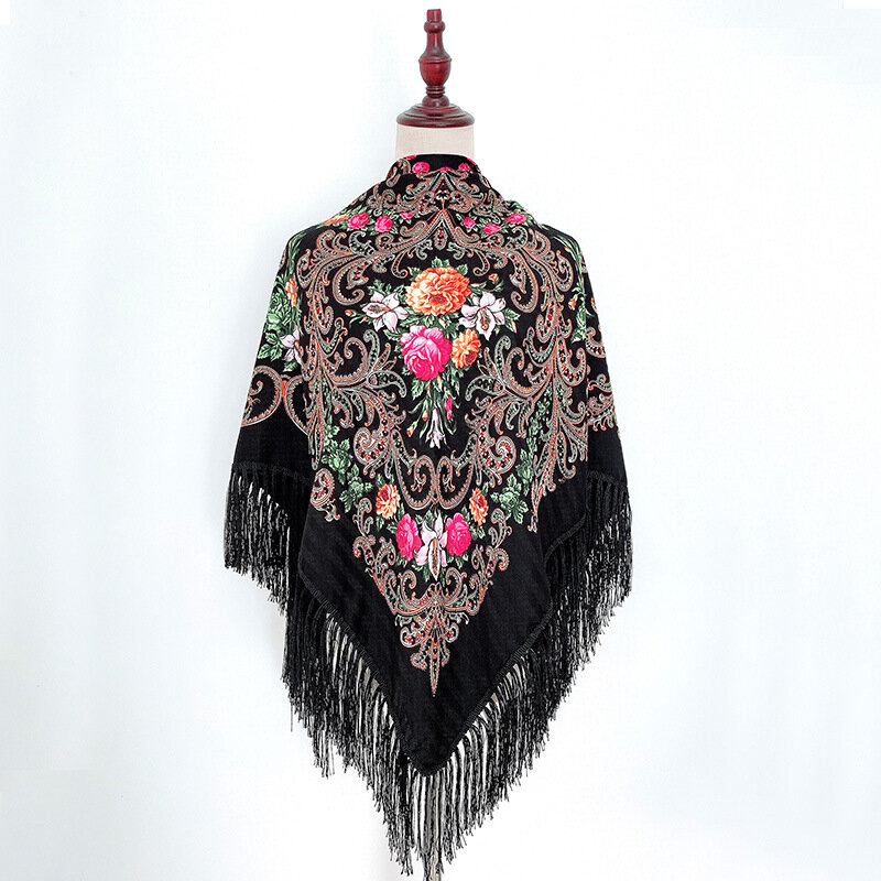 Bufanda cuadrada de algodón para mujer, chal de Manta con flecos Retro, estampado de estilo étnico, nacional ruso, 130x130cm
