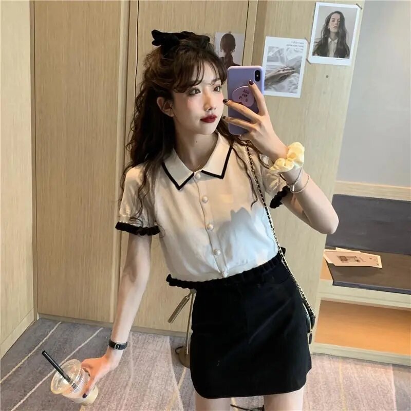 2021 Summer Ladies Short Shirt Bag Hip Skirt vestito a due pezzi coreano Campus Style Casual Polo Collar e Pearl Button gonna Suit