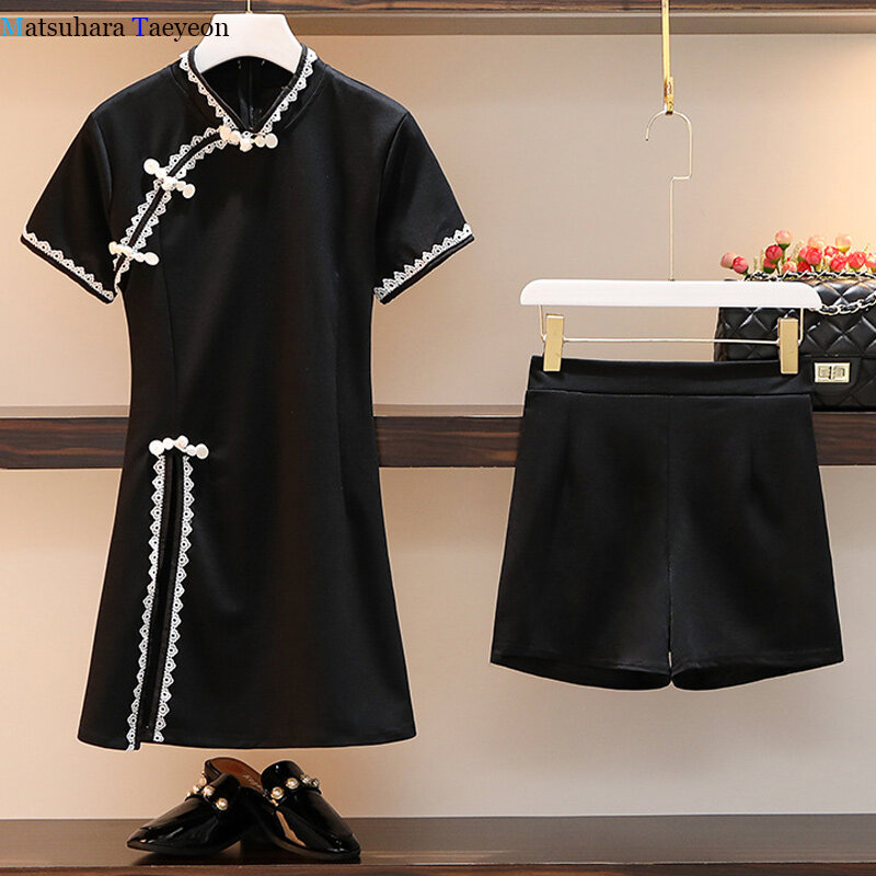Retro Cheongsam Slim Two Piece Suit Black Chiffon Cheongsam Short Retro and Shorts Improved Female Vestidos 2 Piece Set Women