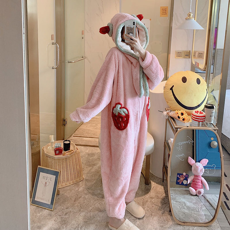 Phụ Nữ Hoạt Hình Đáng Yêu Nữ Jumpsuit Pijama Dày Nỉ Mặc Onesies Đồ Ngủ Áo Trùm Đầu Váy Ngủ Mùa Đông Pyjama Kigurumi