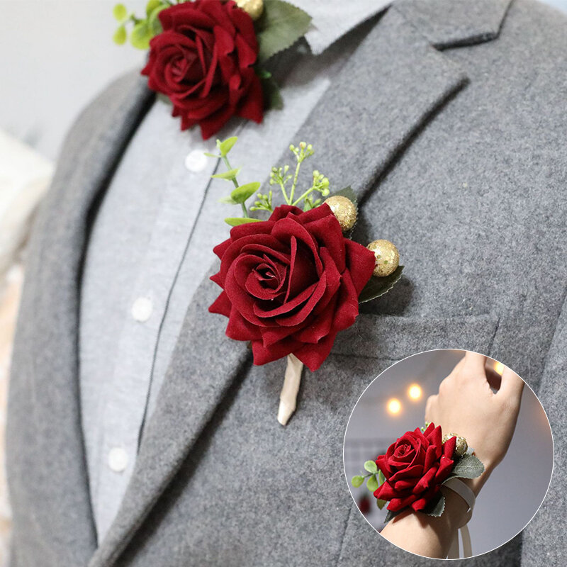 Kain Korsase Pergelangan Tangan Pengiring Pengantin Merah Dekorasi Gelang Mawar Aksesori Pernikahan Ornamen Dekorasi Pesta Prom