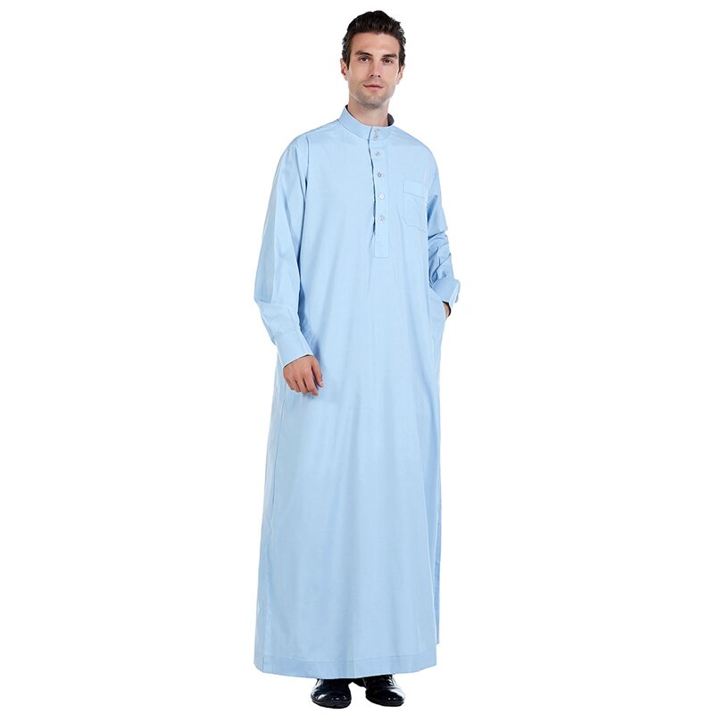 Bata árabe de algodón y lino de manga larga para hombre, estilo islámico, marroquí, musulmán, Catar, cuello levantado, talla grande, color negro