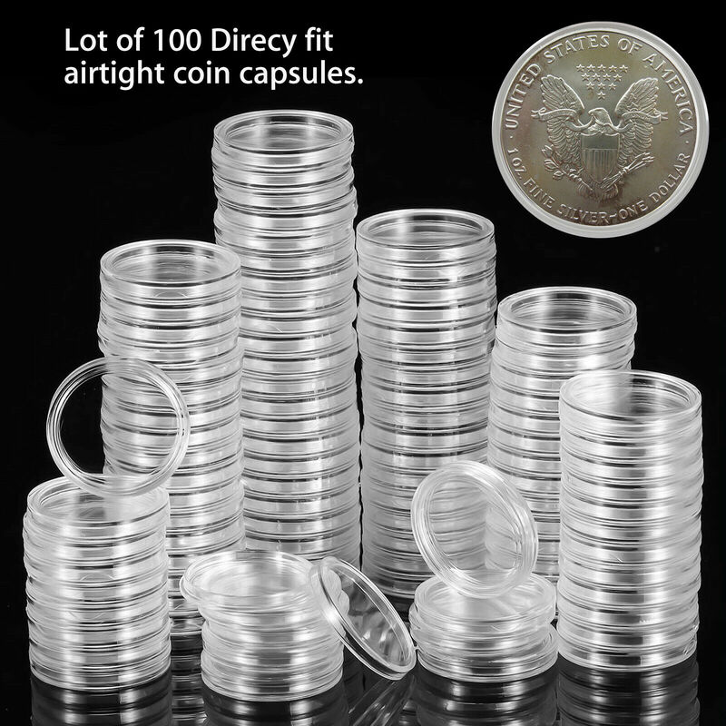 100 pces 16/18/20/21/23/24/26/28/30/33/38mm plástico transparente redondo cápsulas de moeda coleção titular recipiente de armazenamento
