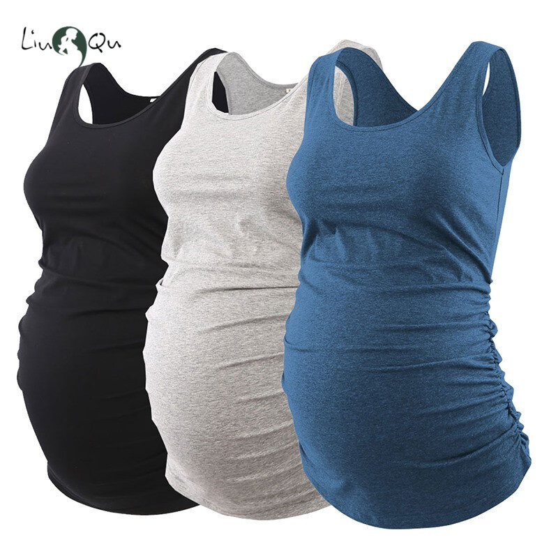 Liu & Qu 여성 출산 탱크 탑 레이어링 임신 셔츠 특종 목 민소매 셔링 조끼 캐주얼 임신 티셔츠 의류