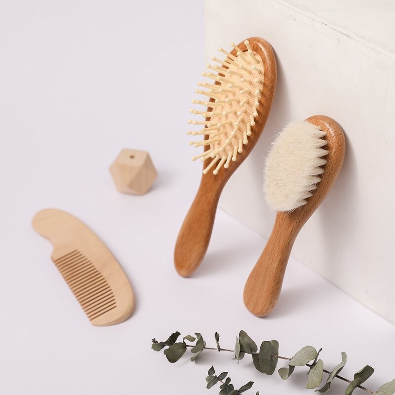 Baby Hair Comb Brush Set Pente de madeira natural Lã macia Escova de cuidados com o banho do bebê recém-nascido Presente massageador personalizado para crianças