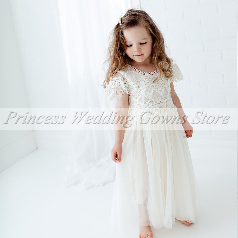 Lovely Lace And Tulle Children Party Gown Bohemian  Line Flowers Girl Dresses   Scoop Neck Simple Robe De Soriee