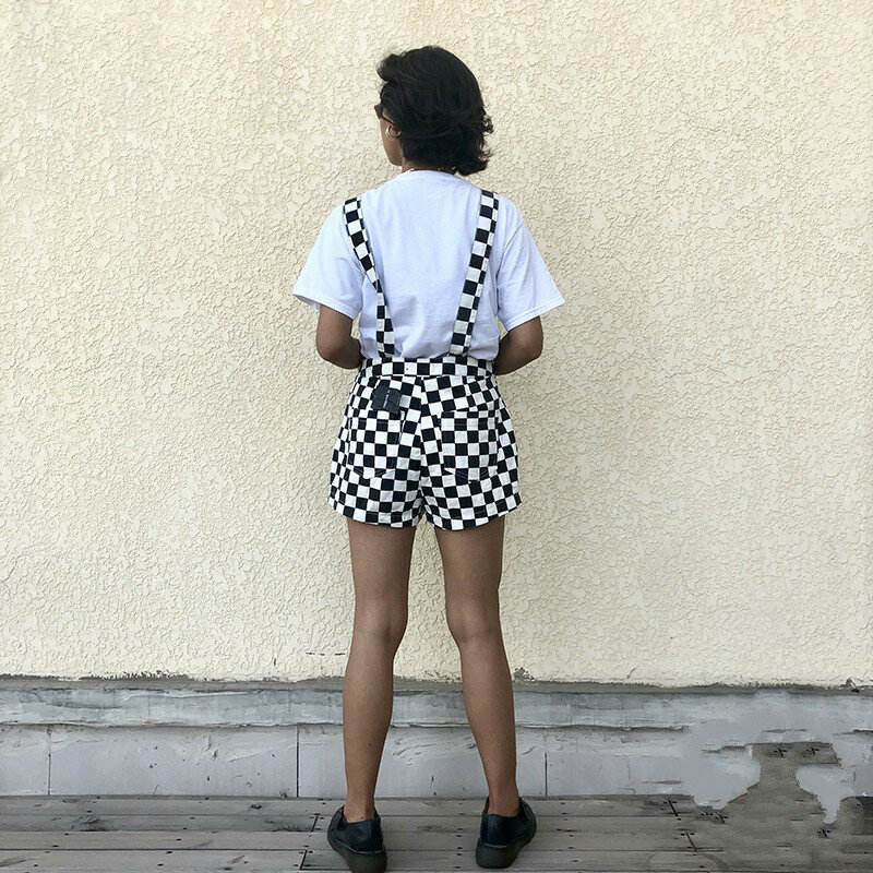 Women Vintage Checkerboard Plaid Jumpsuit Suspender Overalls Straps Romper Playsuit Streetwear Casual Shorts One Piece Outfit