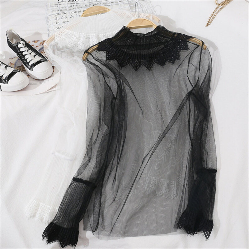Gowyimmes Autumn Sweety Girl Solid Lace Shirt Sexy Women Perspectiv Mesh Blouse Lady Long Sleeve Blusas Basic Tops Pullover 800