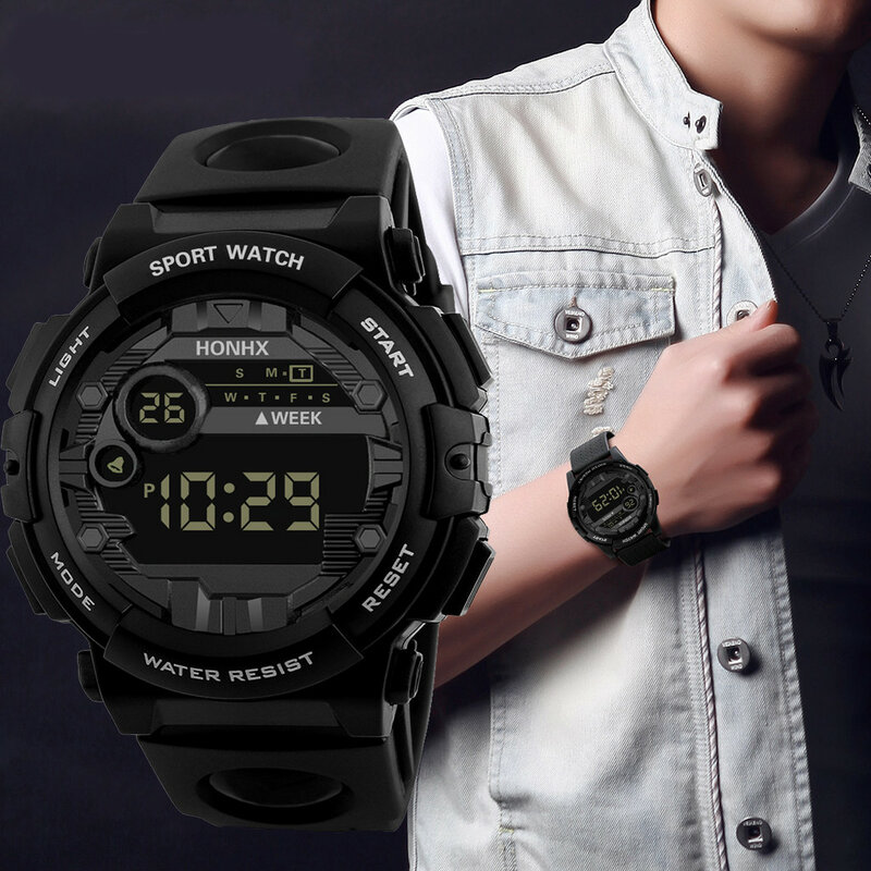 Часы наручные Honhx Мужские Цифровые, модные светодиодные водонепроницаемые спортивные в стиле милитари, с резиновым ремешком, с будильником и датой