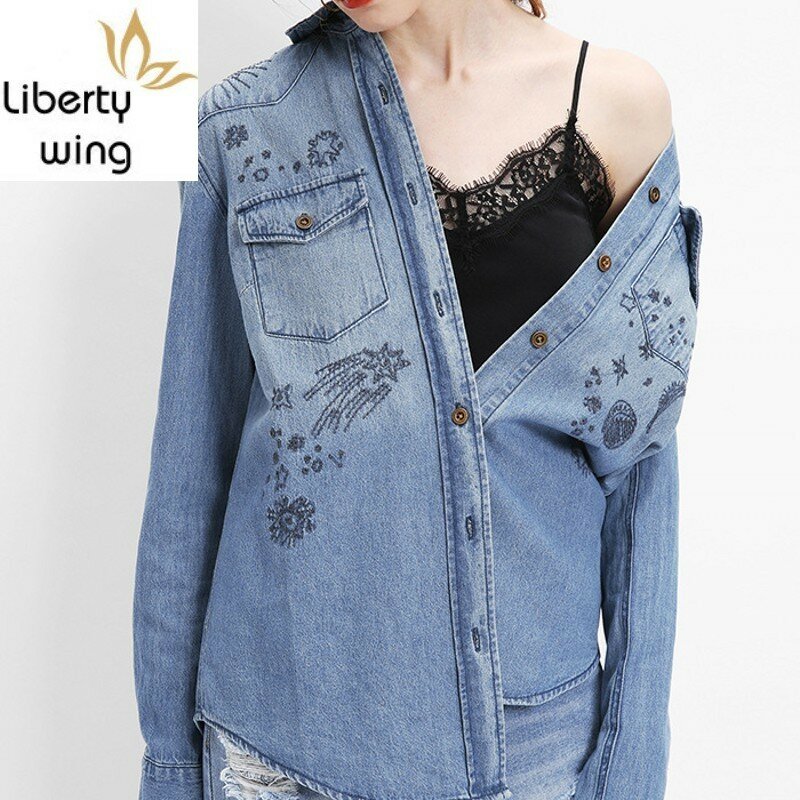 Frühling Neue Stickerei Langarm Denim Frauen Mode Gewaschen Baumwolle Jean Shirts Einreiher Bluse Weibliche Tops