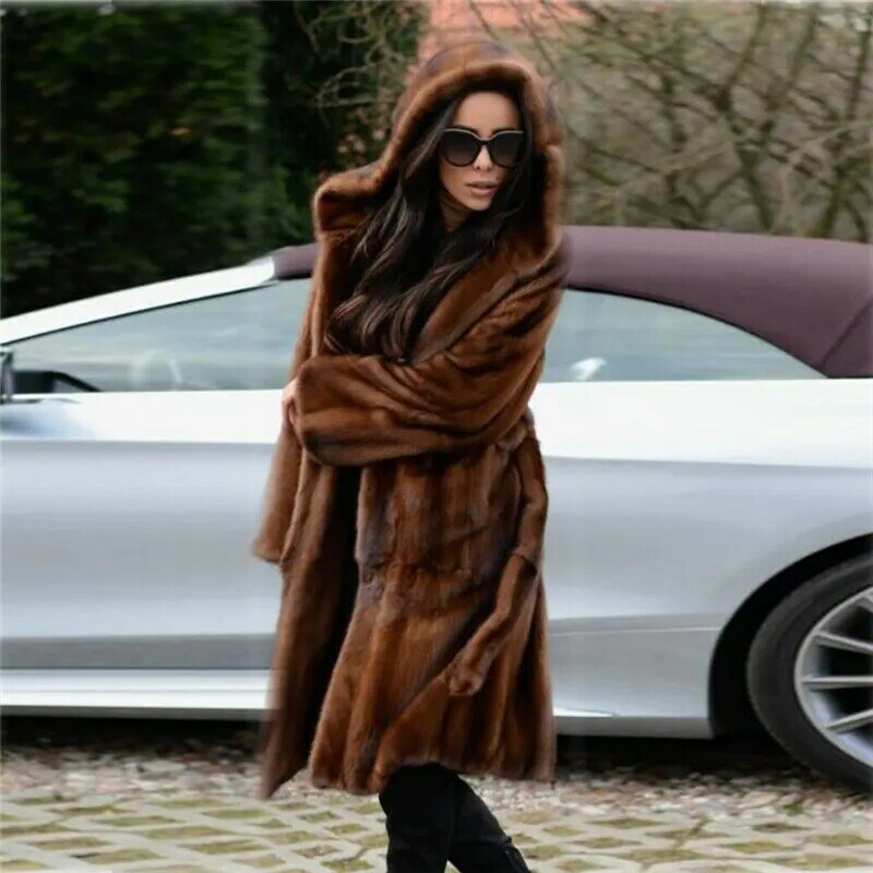 BFFUR-abrigo de piel de visón auténtica para mujer, Abrigo con capucha de 100cm de largo, abrigo de piel de visón Real, moda de invierno, 2022