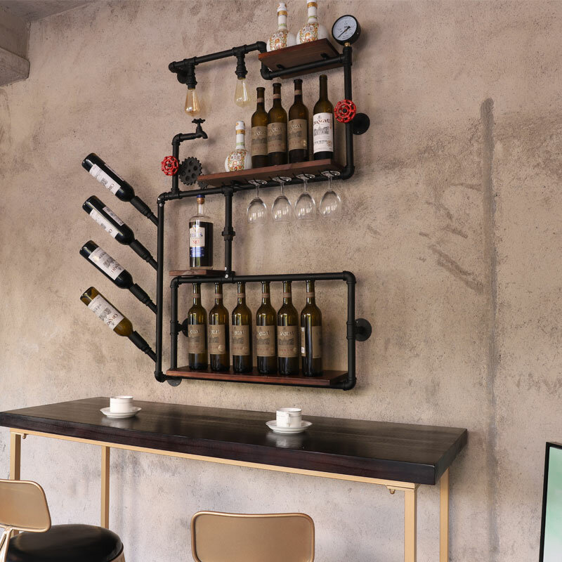 커피숍 바 와인 캐비닛, 와인 랙, 로프트 레트로 산업 스타일 선반, 벽 철제 단단한 나무 파이프 벽걸이