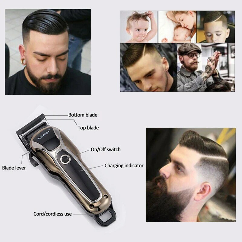 Kemei-Aparador elétrico para homens, barbeiro sem fio, barbeador profissional, máquina de corte