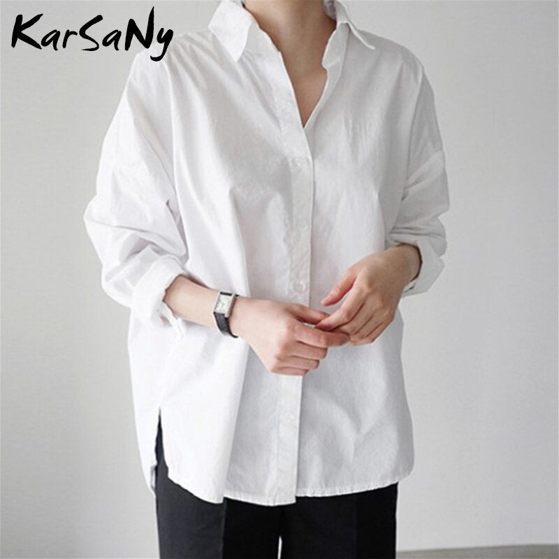 KarSaNy-Chemise à manches longues en coton surdimensionné pour femme, chemisier de bureau pour femme, chemise paresseuse, blanc et noir, XL