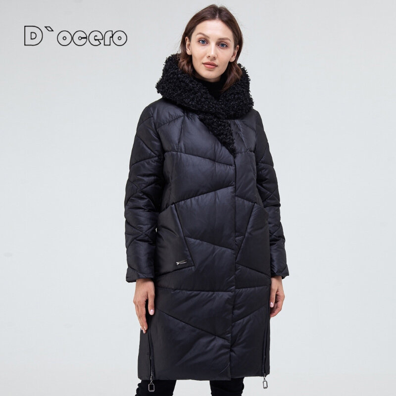 سترة شتوية للنساء من D'OCERO موضة 2021 معطف طويل دافئ مبطن ضد الرياح ملابس خارجية كبيرة الحجم للنساء سترة بقلنسوة
