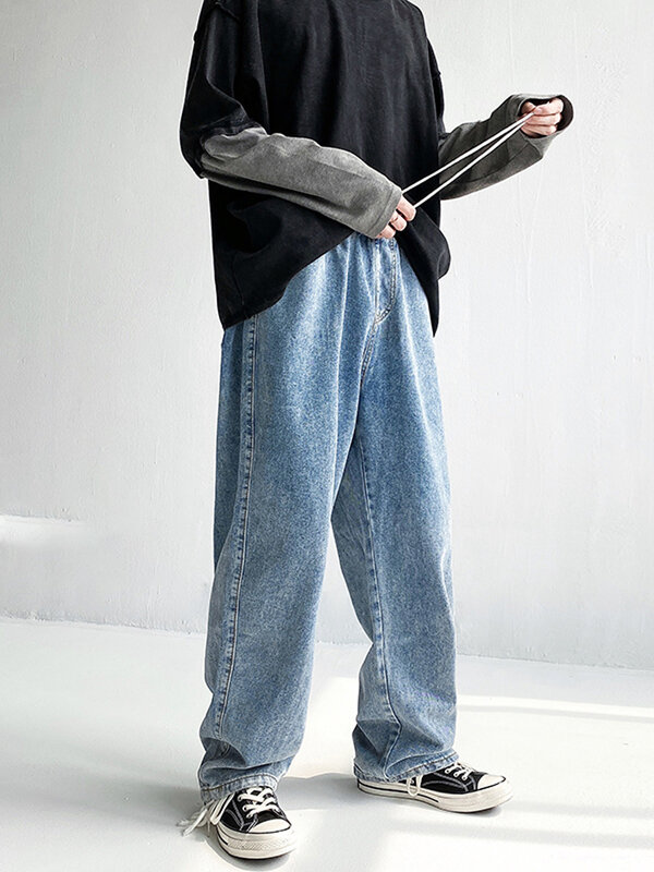 Calças de brim tamanho grande marca de moda versátil calças casuais coreano perna reta streetwear roupas baratas china wear