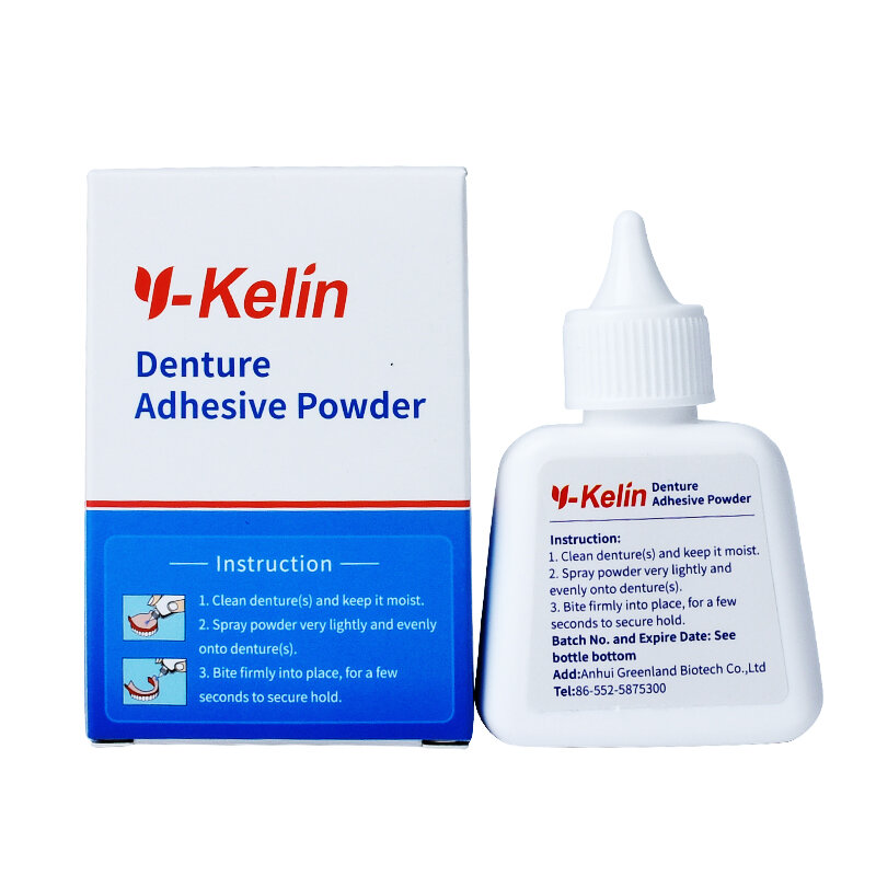 Y-kelin protesi adesiva in polvere 25g colla alimentata Formula originale senza zinco tenuta Extra forte per superiore inferiore tutto il giorno