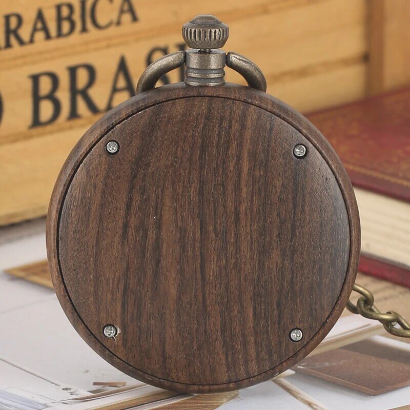 Retro Ebony Wood Quartz Pocket Roman Literal Round Dial Luxury Luminous Needle Wooden Clock Art Collectibles Relojes De Bolsillo