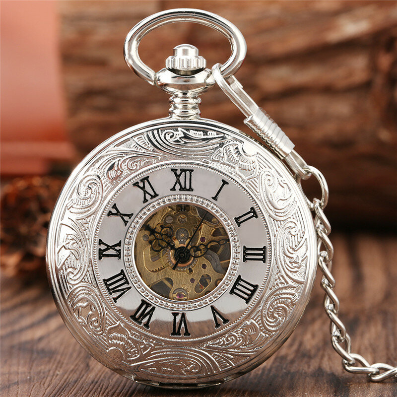 스팀펑크 실버 핸드와인딩 기계식 포켓 시계, 더블 헌터 로마 번호 다이얼 펜던트 체인, Reloj