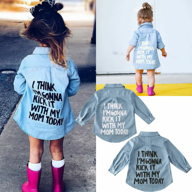 2-7Y 가을 유아 어린이 아기 소녀 셔츠 탑 의류 데님 편지 인쇄 긴 소매 탑 셔츠 따뜻한 코트 셔츠