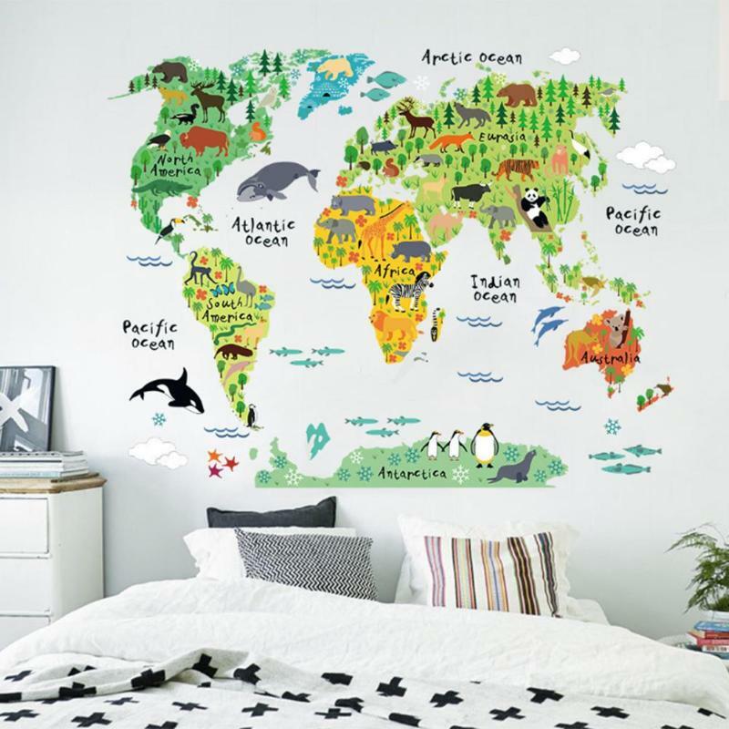 Kolorowy świat zwierząt naklejki ścienne z mapą salon dekoracje domu wymienny naklejka z pvc sztuka na ścianę Diy biuro dzieci pokój Wall Art