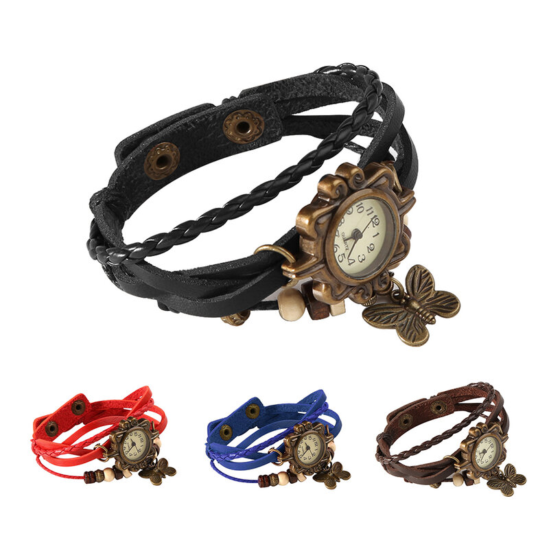 Relógio feminino retrô couro sintético, pulseira com pingente borboleta decoração multicamadas trançado redondo para festa de quartzo relógio de pulso para mulheres