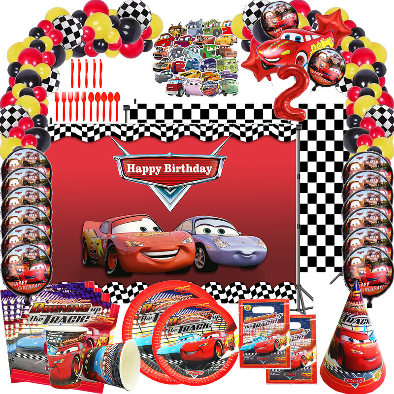 Decoraciones de fiesta de cumpleaños de coches para niños y niñas, juego de vajilla, vasos y platos de Rayo McQueen, suministros de fiesta de coche de carreras