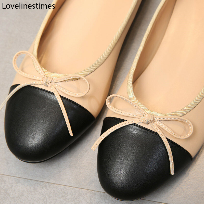 Sepatu balet klasik wanita, Kasut dasar 2024 kulit kain wol sambungan dua warna pita, balet bulat