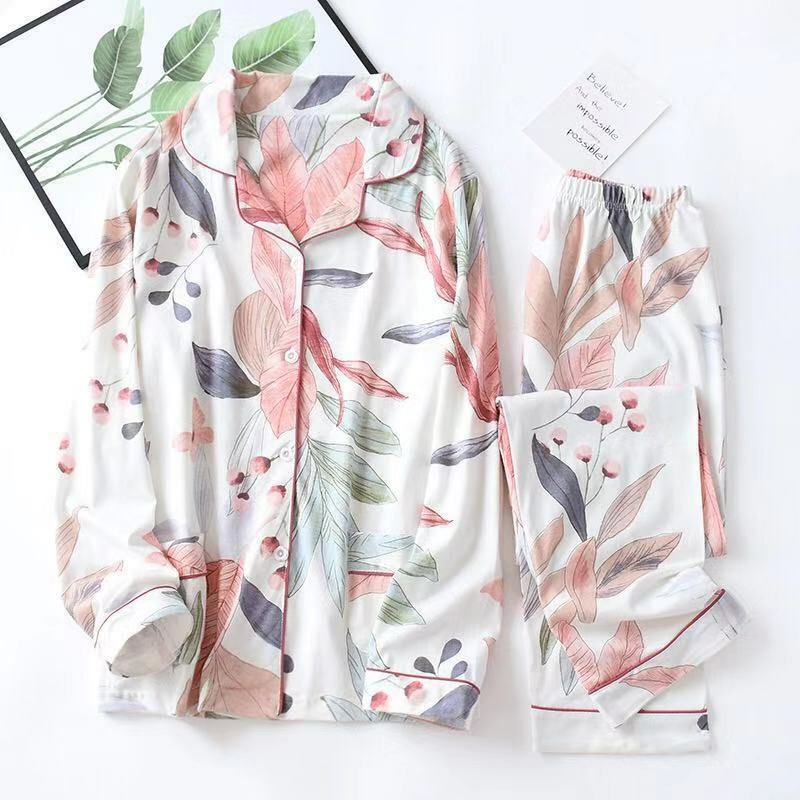Pijamas de algodón con estampado de hojas para mujer, traje de Casa de talla grande, ropa de dormir de manga larga a la moda, 2023