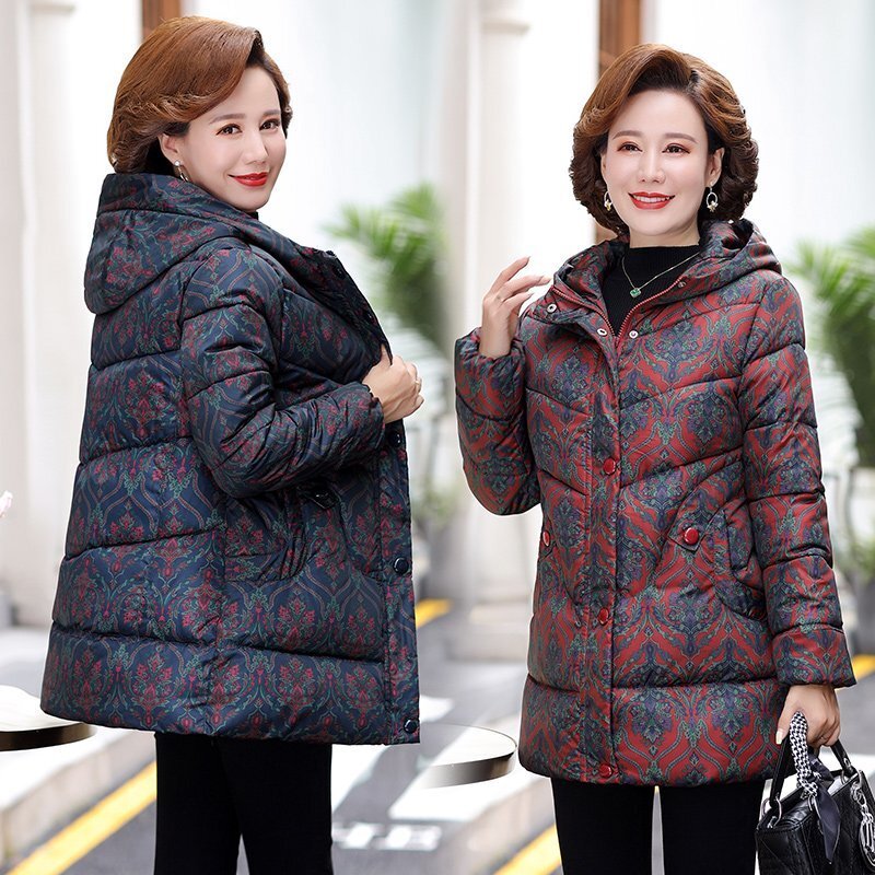 Manteau en coton imprimé pour femmes d'âge moyen et d'élan, vestes épaisses, parkas en coton, nouveau, hiver