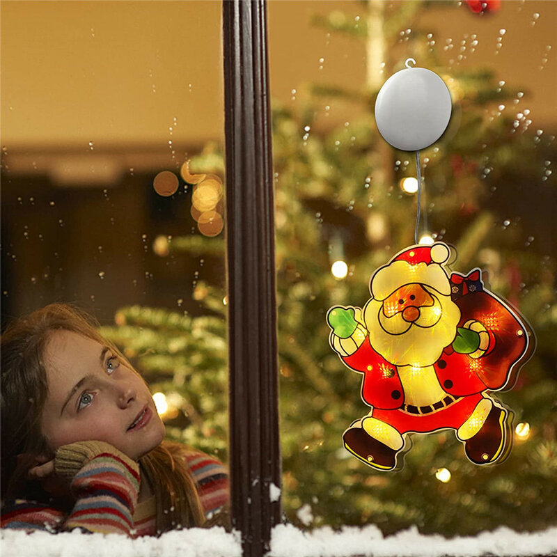 Christmas Window Decor Hanging Lights LED Xmas Tree Sucker Lamp Battery Powered Indoor Home Festival Party Fairy Ornaments
