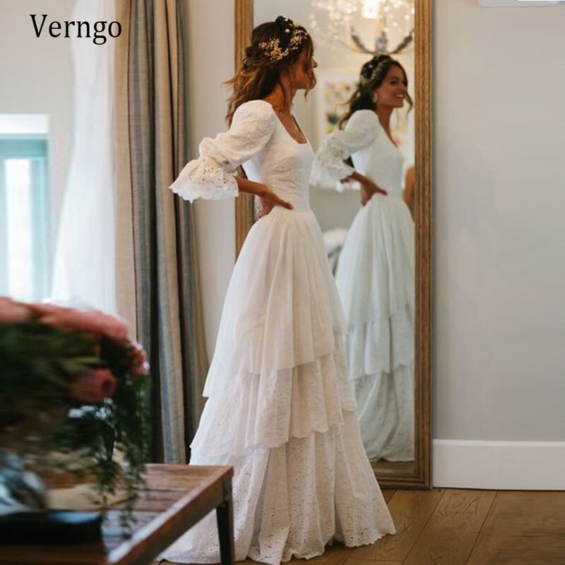 Vestido de novia de estilo bohemio, traje Vintage de encaje con mangas de farol, escalonado, de princesa, estilo Country Verng