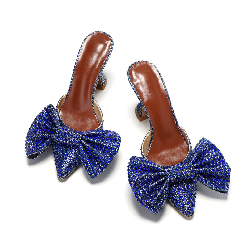 Zapatillas para mujer de tacón alto brillantes con diamantes de imitación, lazo superbrillante, Europa y Estados Unidos