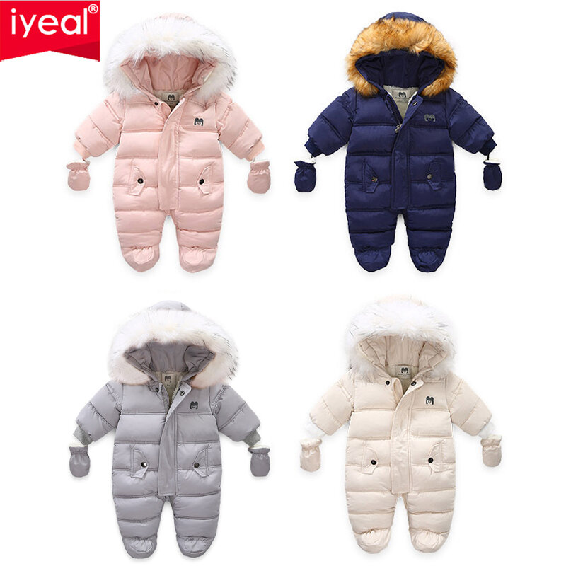 IYEAL zimowe ubranka dla dzieci z futro z kapturem noworodka ciepły polar trznadel niemowlę Snowsuit maluch dziewczyna chłopiec odzież na śnieg znosić płaszcze