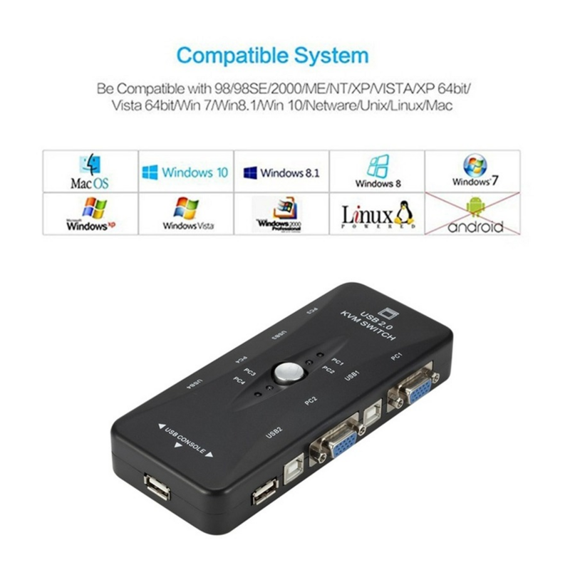 WVVMVV 4-портовый kvm-переключатель USB 2,0 VGA разветвитель для принтера мыши флеш-накопителя коммутатор 1440*1920 VGA переключатель адаптер