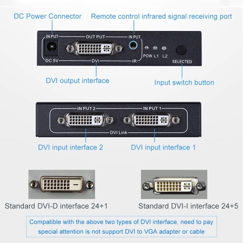 DVI Switch 2 Di 1 Dukungan 4K 30Hz, DVI Switcher 2 Input 1 Output dengan IR Remote Control, DVI Selector Switch untuk PC Laptop