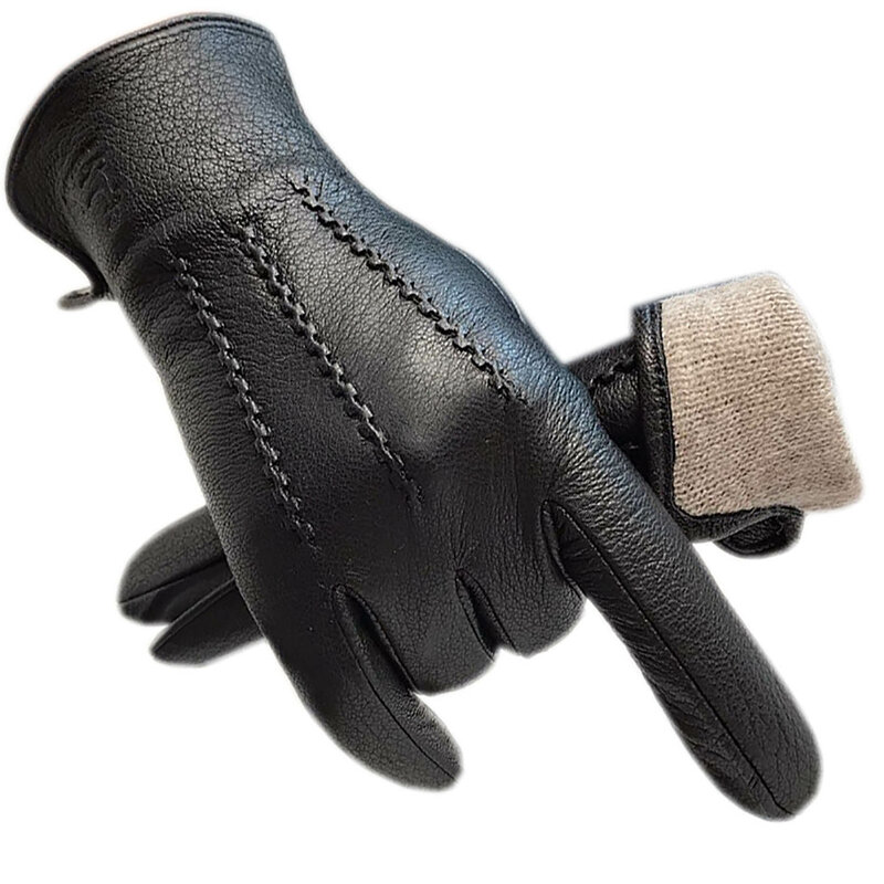 Winter Men's Deerskin Gloves Wrist Fashion New Genuine Deerskin Gloves Wool Lining Machine Sewing Warm Driving Riding Riding Col