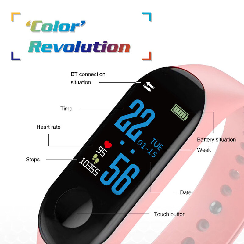 M3 kolor IPS ekran inteligentna bransoletka sportowa fitness IP68 wodoodporne ciśnienie krwi śledzenie aktywności tlenowej dla kobiet mężczyzn zegarki