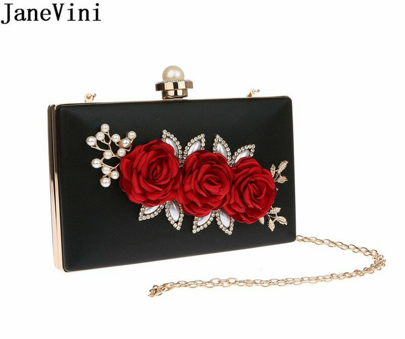 JaneVini-Bolso de mano con flores y perlas para mujer, Cartera de mano femenina de color negro, con diseño rectangular, para fiesta de noche o boda