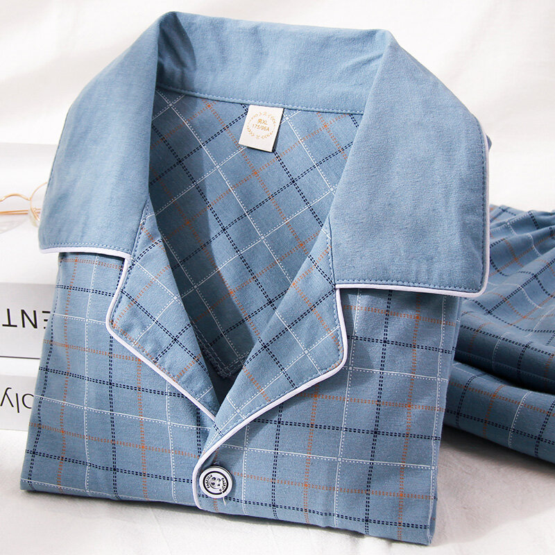 Winter 100% Cotton Pajamas For Men Fashion Blue Plaid Cotton Sleepwear Men Pijamas Hombre Clothes Pure Cotton Pyjamas Male