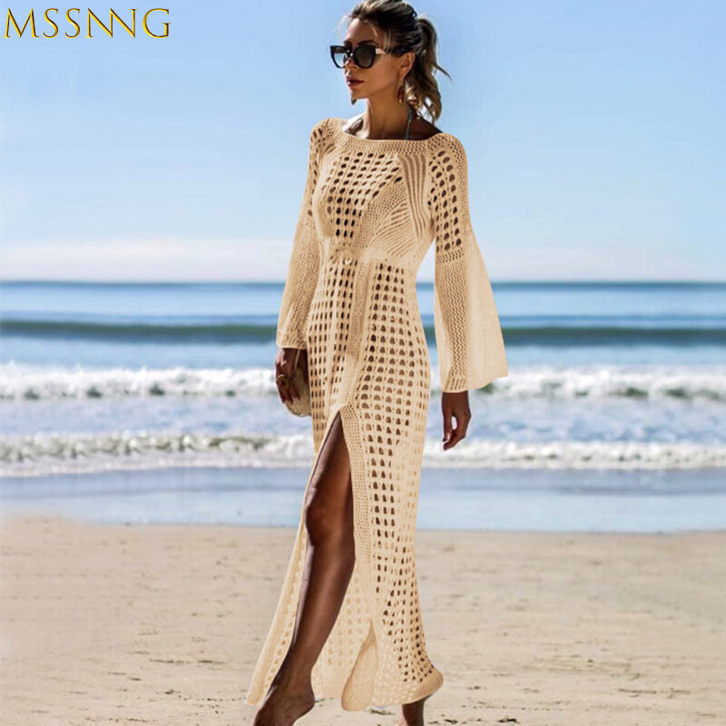 2019 Sexy blanco Crochet tejido Bikini cubre-Up playa abrigo traje de baño cubre-Ups encaje ropa de playa Bikini cubrir Vestido largo de playa