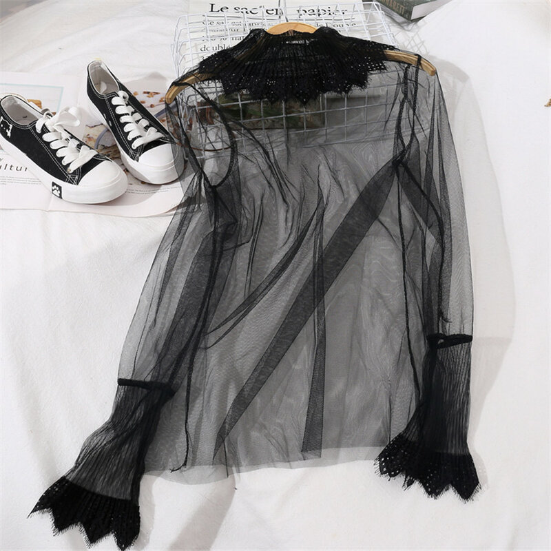 Gowyimmes-Blusa de malla con perspectiva para mujer, camisa Sexy de encaje liso para chica, Blusa de manga larga, Tops básicos 800